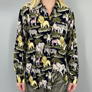 Vintage Susan Gail‎ Button Up Shirt Womens M Animal Safari Print Long Sleeve Top